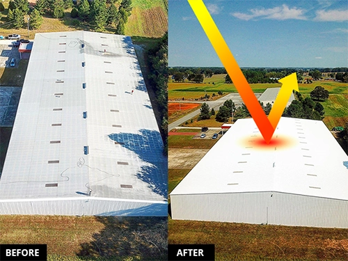 Commercial roof before and after a fluid-applied coating restoration